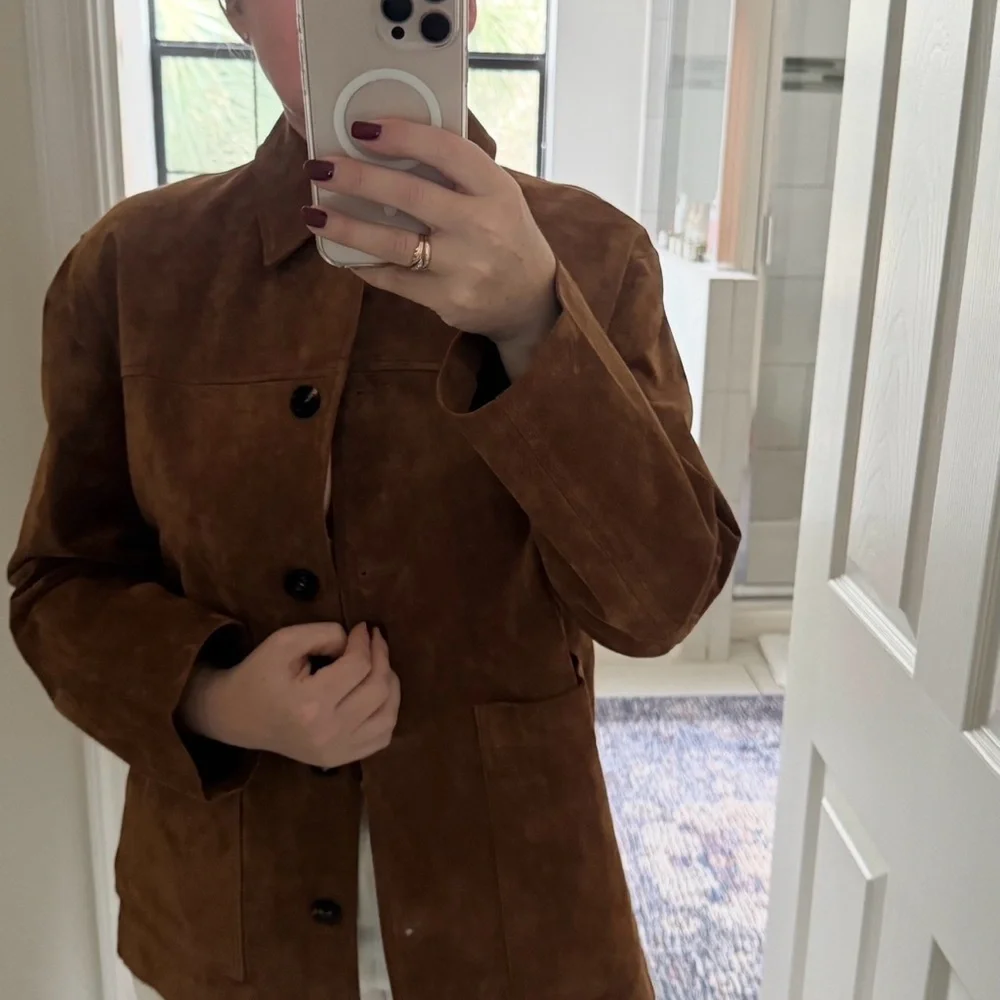 ZARA Leather Collection Suede Jacket Brown Button Front Overshirt Size M - Picture 3 of 5